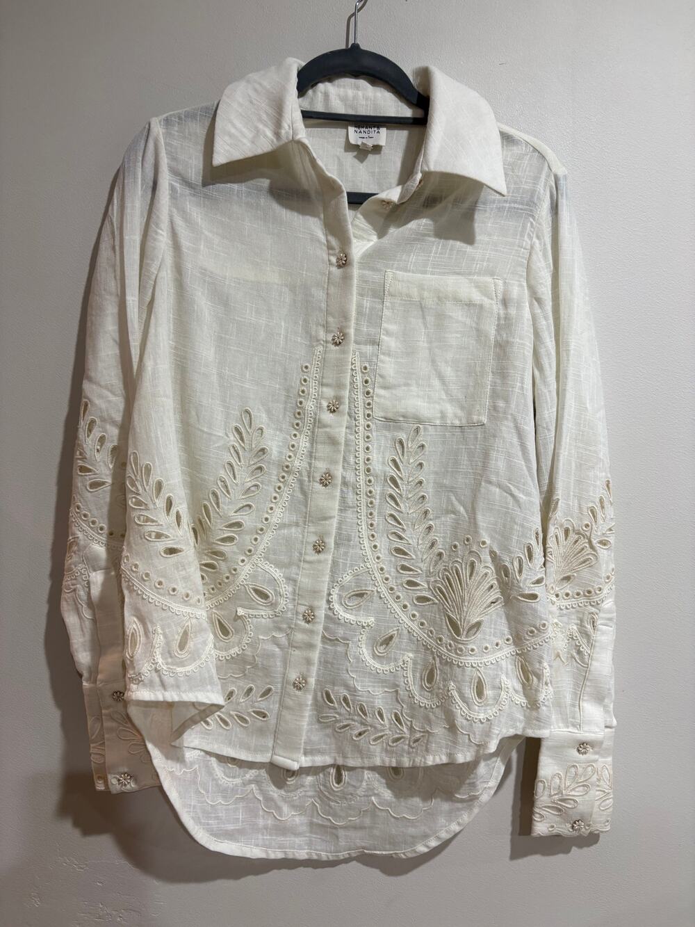 NWT Hemant & Nandita Long Sleeve Oversized Embroidered Button-Up Shirt White XS